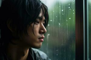 Asia young man sad of sit on the edge the window with raindrops on the glass window on a rainy day ,Generative AI. photo