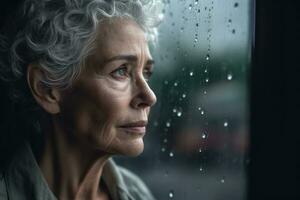 Senior woman sad and depressed looking out of the window with raindrops on the glass window on a rainy day ,Generative AI. photo
