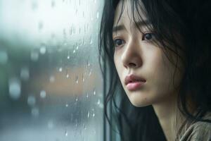 Asia joven mujer triste de sentar en el borde el ventana con gotas de lluvia en el vaso ventana en un lluvioso día ,generativo ai. foto