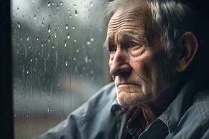 Senior man sad and depressed looking out of the window with raindrops on the glass window on a rainy day ,Generative AI. photo