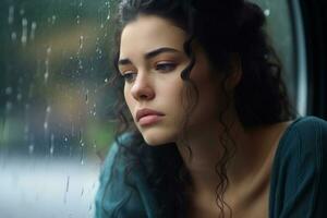 un joven mujer triste de sentar en el borde el ventana con gotas de lluvia en el vaso ventana en un lluvioso día ,generativo ai. foto