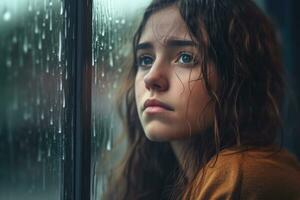 A young girl sad of sit on the edge the window with raindrops on the glass window on a rainy day ,Generative AI. photo