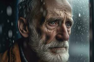 Senior man sad and depressed looking out of the window with raindrops on the glass window on a rainy day ,Generative AI. photo