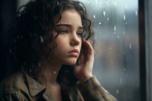 A young girl sad of sit on the edge the window with raindrops on the glass window on a rainy day ,Generative AI. photo