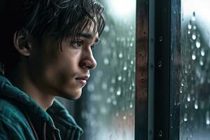 A young man sad of sit on the edge the window with raindrops on the glass window on a rainy day ,Generative AI. photo