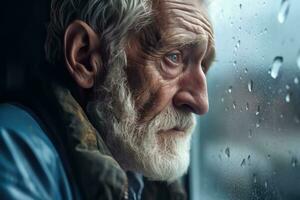 Senior man sad and depressed looking out of the window with raindrops on the glass window on a rainy day ,Generative AI. photo