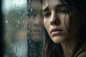 un joven mujer triste de sentar en el borde el ventana con gotas de lluvia en el vaso ventana en un lluvioso día ,generativo ai. foto