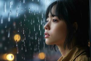 Asia joven mujer triste de sentar en el borde el ventana con gotas de lluvia en el vaso ventana en un lluvioso día ,generativo ai. foto