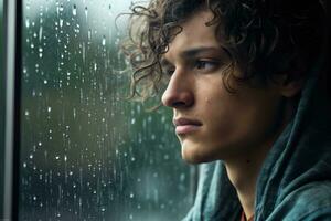 un joven hombre triste de sentar en el borde el ventana con gotas de lluvia en el vaso ventana en un lluvioso día ,generativo ai. foto