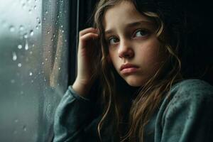 A young girl sad of sit on the edge the window with raindrops on the glass window on a rainy day ,Generative AI. photo