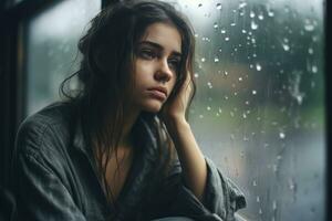 un joven mujer triste de sentar en el borde el ventana con gotas de lluvia en el vaso ventana en un lluvioso día ,generativo ai. foto