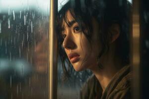 Asia joven mujer triste de sentar en el borde el ventana con gotas de lluvia en el vaso ventana en un lluvioso día ,generativo ai. foto