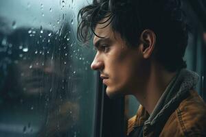 A young man sad of sit on the edge the window with raindrops on the glass window on a rainy day ,Generative AI. photo