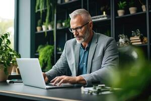 Happy professional businessman ceo manager working on laptop in office ,Generative AI. photo