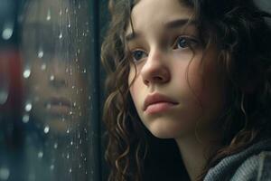 A young girl sad of sit on the edge the window with raindrops on the glass window on a rainy day ,Generative AI. photo