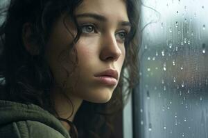 un joven mujer triste de sentar en el borde el ventana con gotas de lluvia en el vaso ventana en un lluvioso día ,generativo ai. foto