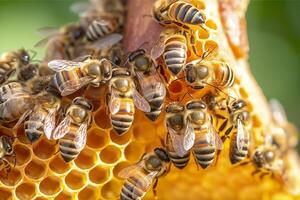 honey bees on honeycomb in apiary in summertime, Honey bees communicate with each other, AI Generative photo