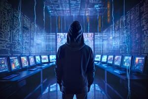 Back of anonymous robot hacker. Concept of hacking cybersecurity, cybercrime, cyberattack, etc. AI Generative photo