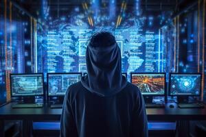 Back of anonymous robot hacker. Concept of hacking cybersecurity, cybercrime, cyberattack, etc. AI Generative photo