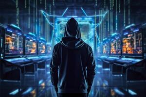 Back of anonymous robot hacker. Concept of hacking cybersecurity, cybercrime, cyberattack, etc. AI Generative photo