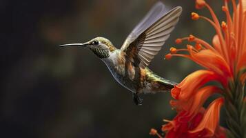 Hummingbird flying to pick up nectar from a beautiful flower. Digital artwork. AI Generative photo