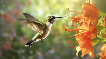 Hummingbird flying to pick up nectar from a beautiful flower. Digital artwork. AI Generative photo