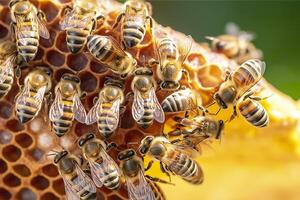 honey bees on honeycomb in apiary in summertime, Honey bees communicate with each other, AI Generative photo