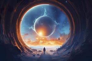 Portal to another world. Futuristic cosmic landscape with circle tunnel in starry sky. Gate in space futuristic background with galaxy and nebula. Created with Generative AI photo