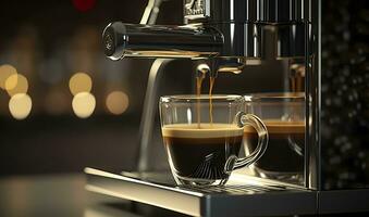A professional coffee machine preparing an espresso coffee in a glass cup,  AI Generative photo
