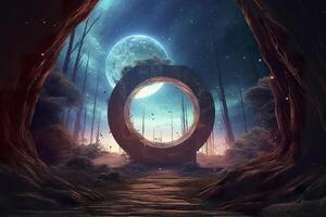 Portal to another world. Futuristic cosmic landscape with circle tunnel in starry sky. Gate in space futuristic background with galaxy and nebula. Created with Generative AI photo