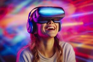 portrait of a smiling woman in casual clothes wearing Virtual Reality glasses, and playing, neo light, blurred neo color background, AI Generative photo