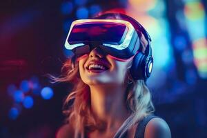 portrait of a smiling woman in casual clothes wearing Virtual Reality glasses, and playing, neo light, blurred neo color background, AI Generative photo