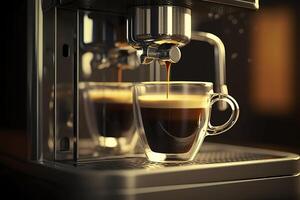 A professional coffee machine preparing an espresso coffee in a glass cup,  AI Generative photo