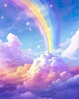 Stunning blue sky panoramic rainbow, big fluffy clouds with a giant arcing rainbow against a beautiful summertime blue sky with copy space for messages. AI Generative photo