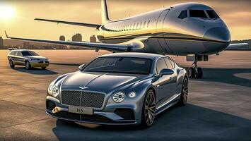 Super car and private jet on landing strip. Business class service at the airport. Business class transfer. Airport shuttle, AI Generative photo