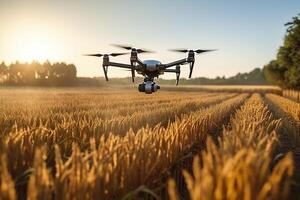 Drone monitoring crops and smart agriculture in a digital farming.  AI Generative photo