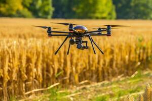 Drone monitoring crops and smart agriculture in a digital farming.  AI Generative photo