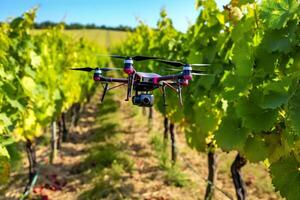 Drone monitoring crops and smart agriculture in a digital farming.  AI Generative photo