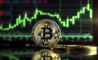 Bitcoin with green graph on computer screen background, Crypto currency trading. AI Generative photo
