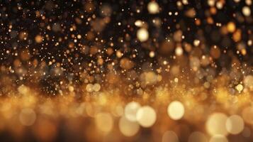 Abstract luxury gold background with gold particles. glitter vintage lights background. Christmas Golden light shine particles bokeh on dark background. Gold foil texture. Holiday.  AI Generative photo