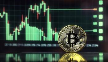 Bitcoin with green graph on computer screen background, Crypto currency trading. AI Generative photo