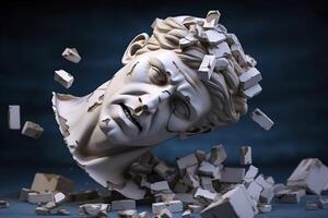 Broken ancient greek statue head falling in pieces. Broken marble sculpture, cracking bust, concept of depression, memory loss, mentality loss or illness. AI Generative photo