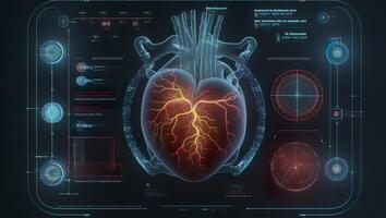 un gui holograma de un futurista humano corazón, holográfico ciencia ficción interfaz, datos líneas, escamas, y gráficos, cinematográfico, ai generativo foto