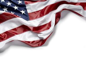 Closeup ruffled American flag isolated. solid white backgroud. AI Generative photo