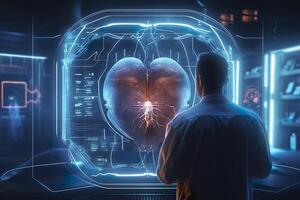 A GUI hologram of a futuristic human heart, holographic sci-fi interface, data lines, scales, and charts, cinematic, AI Generative photo