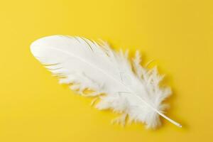 Close up of bright white feather. Copy space, yellow background. Fashion and Party concept. AI Generative photo