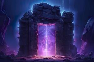 Fantasy night landscape with magical power, ancient stones with magical power and light, runes. Passage to another world, magic door, light, neon. AI Generative photo