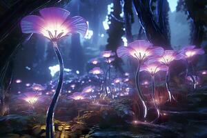 A bioluminescent alien crystal forest with flowers, bioluminescent carnivorous plants, AI Generative photo