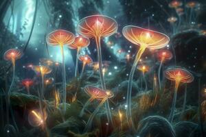 A bioluminescent alien crystal forest with flowers, bioluminescent carnivorous plants, AI Generative photo