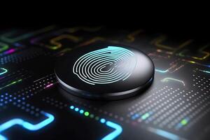 Fingerprint Authentication Button. Biometric Security. Identification and cyber security concept. Glowing neon fingerprint on dark background. AI Generative photo